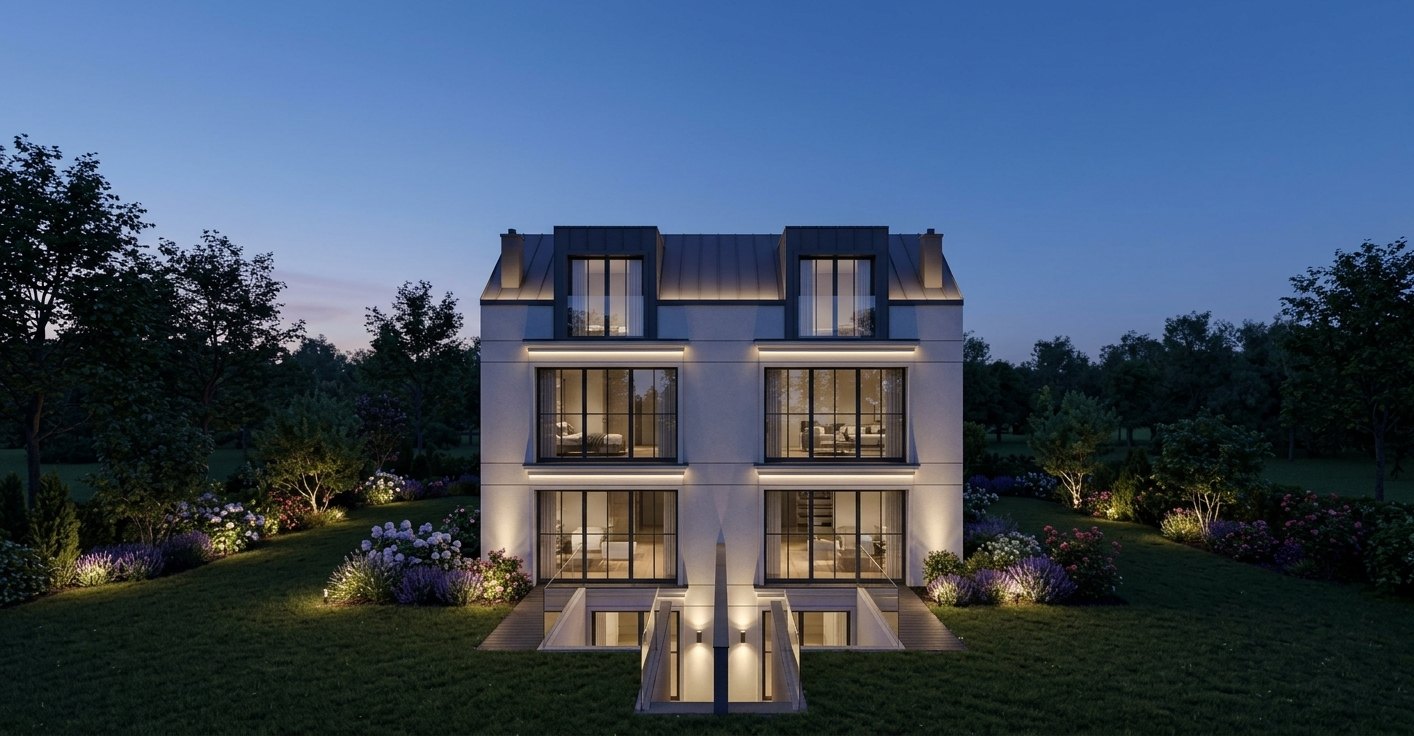 The Duo Residence seen from the garden at dusk, both halves lit under one mansard roof