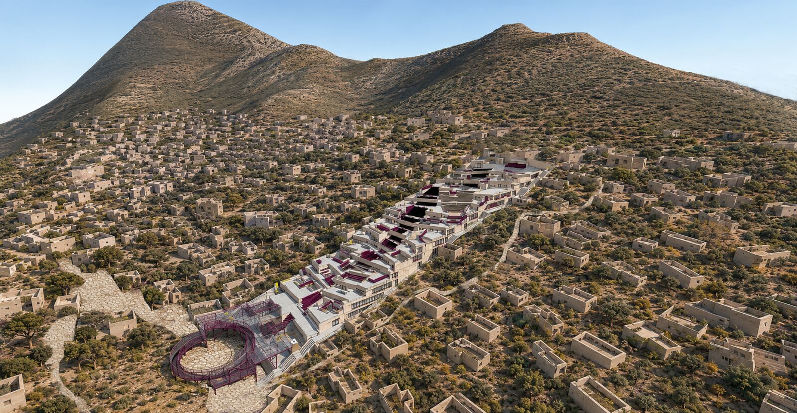Aerial render of the Layers of Memory project in Kayaköy